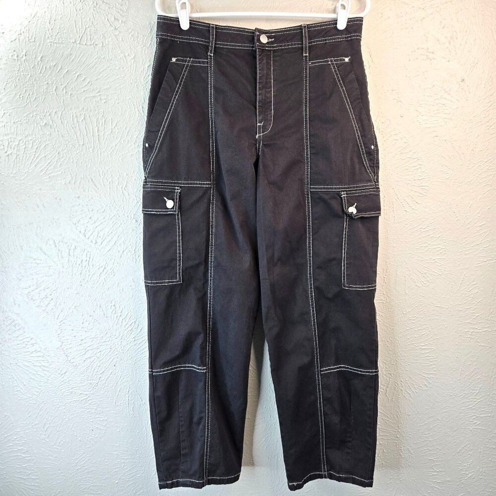 Anthropologie Black Slight Barrel Cargo Pants with White Topstitching